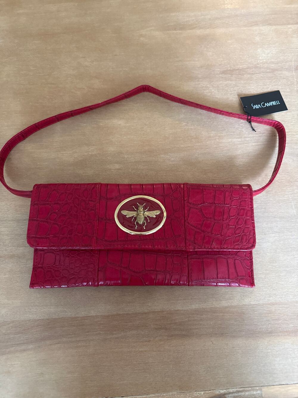 Wimberly Red croc-embossed leather baguette shoulder bag gold bee emblem